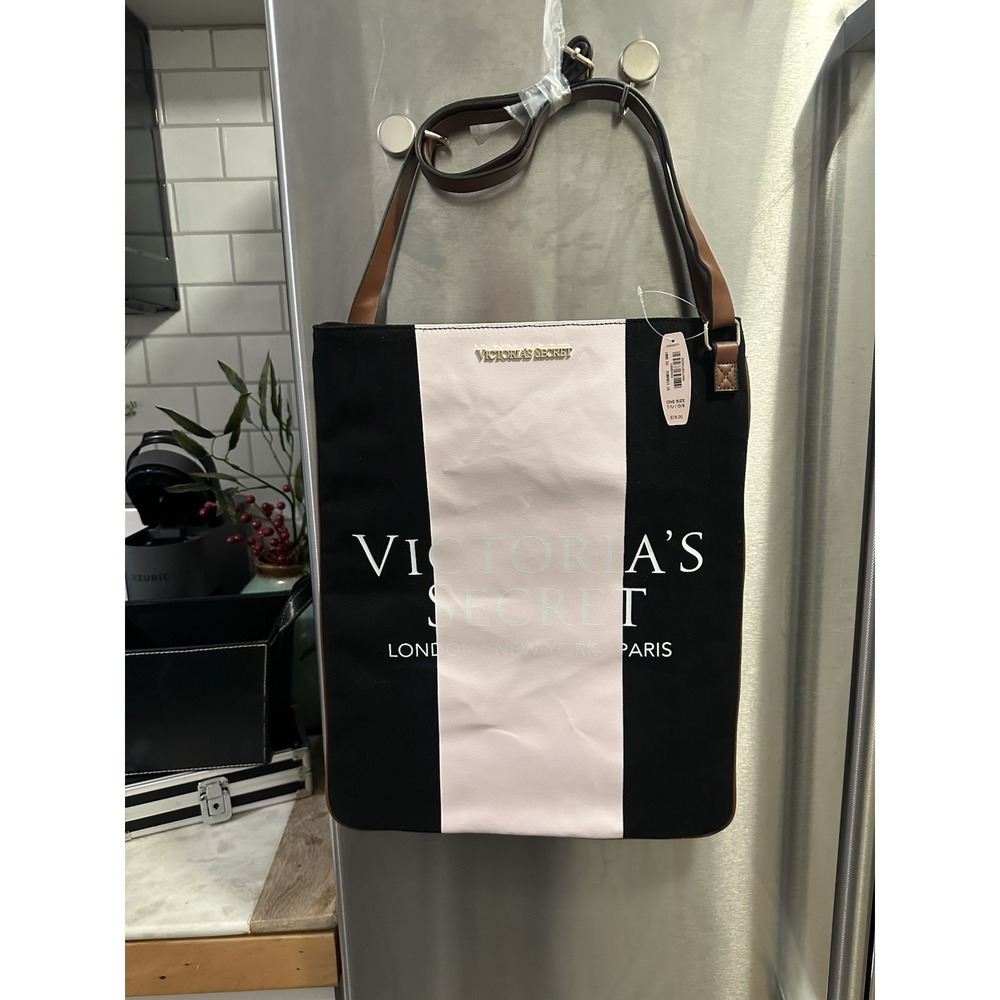 Victoria Secret Canvas Cross Over Black And Pink Gold Logo  Overnight Baby Bag